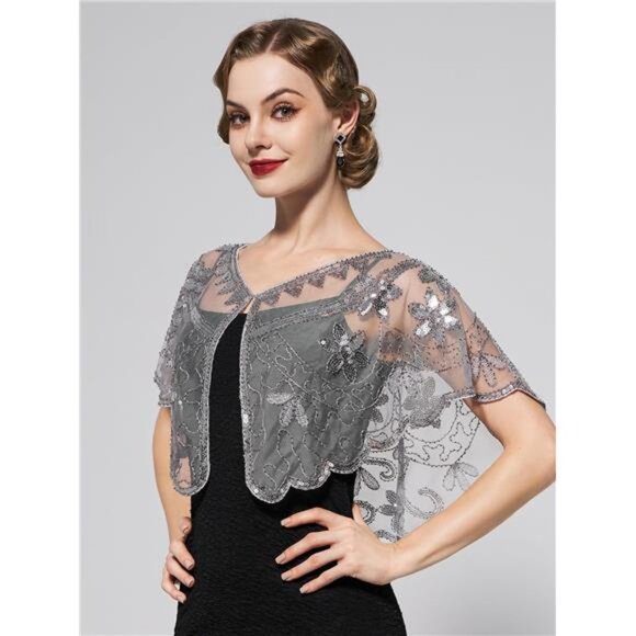 Accessories - Women's Shawl Wraps, Sequin Flapper for Night Grey
